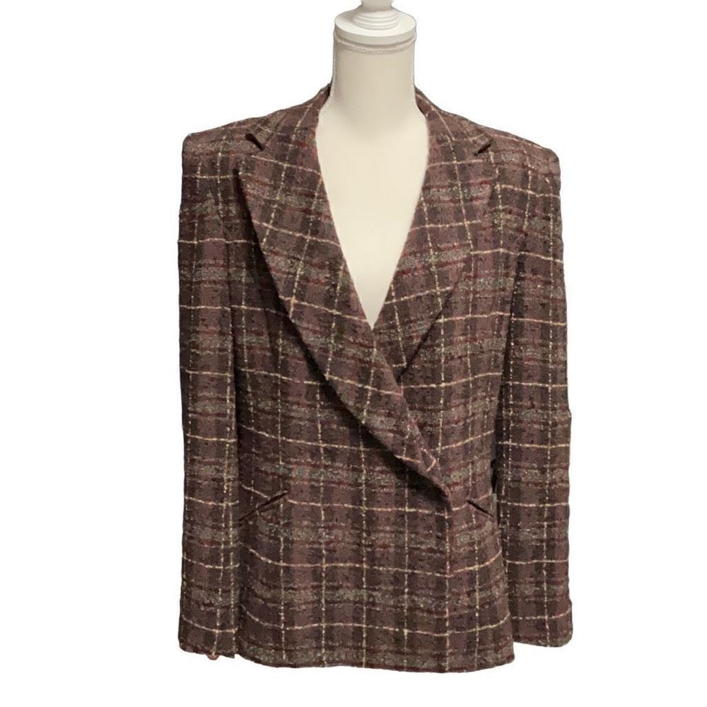 Phillipe Adec VTG One Button Wool Blend Plaid Tweed Prune Blazer Sz 12/44 NWT